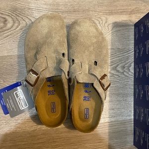 NEW WITH TAGS BIRKENSTOCK BOSTON CLOG, TAUPE SUEDE